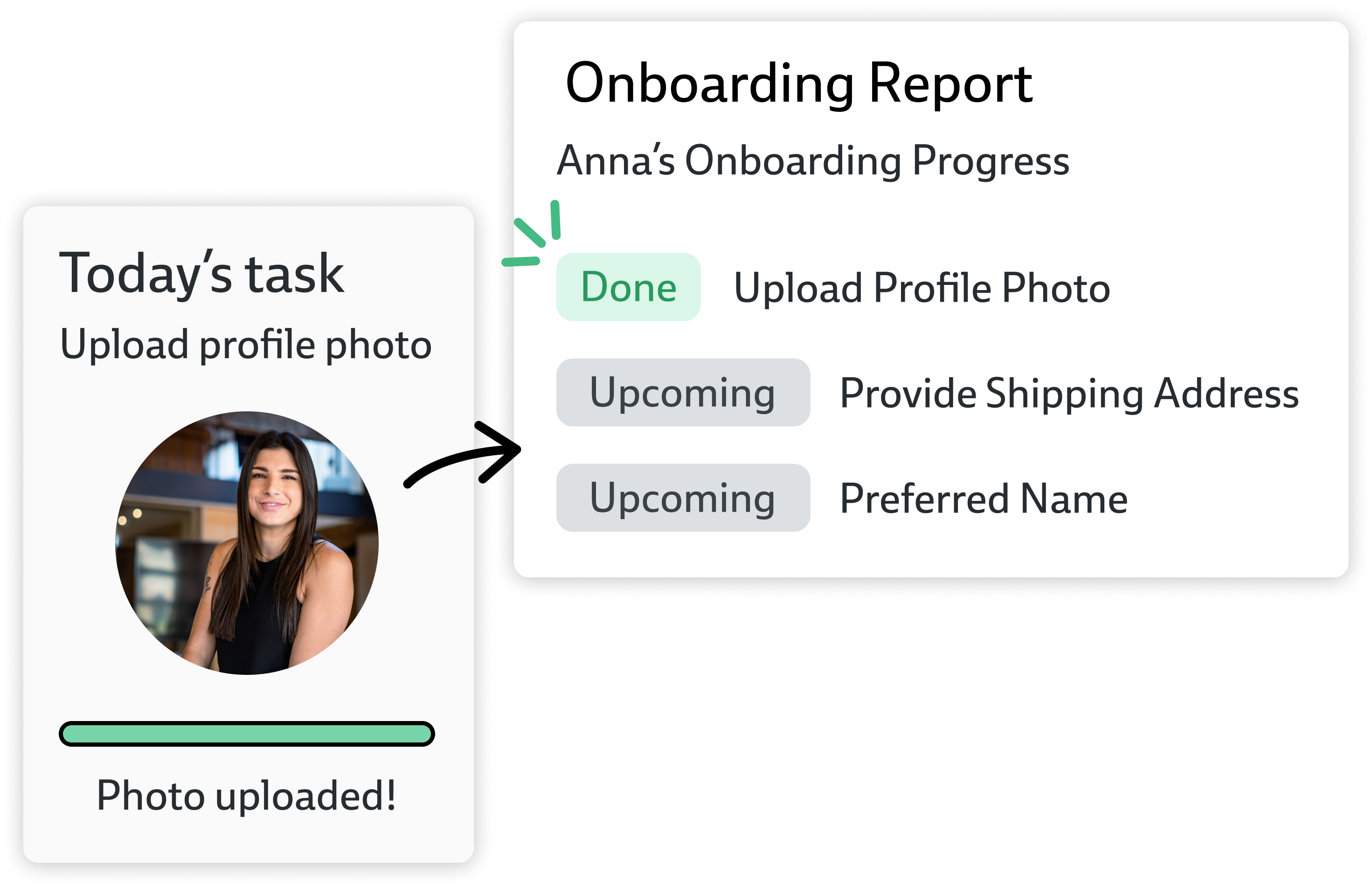 A task being completed by a new hire and automatically being checked as done in an onboarding report for an admin